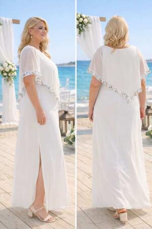 Büyük Beden Nikah Elbisesi Beyaz Pelerin Kol Detaylı Uzun Abiye Elbise KL3119 - Angelino Butik
