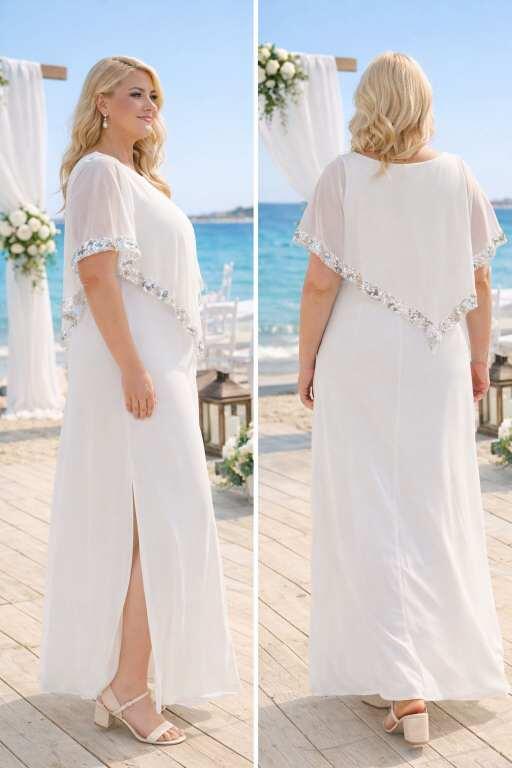 Büyük Beden Nikah Elbisesi Beyaz Pelerin Kol Detaylı Uzun Abiye Elbise KL3119 - 1