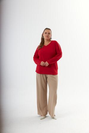 Büyük beden Omuz ve Sırt Taş Detay Örme Bluz Kırmızı - 6