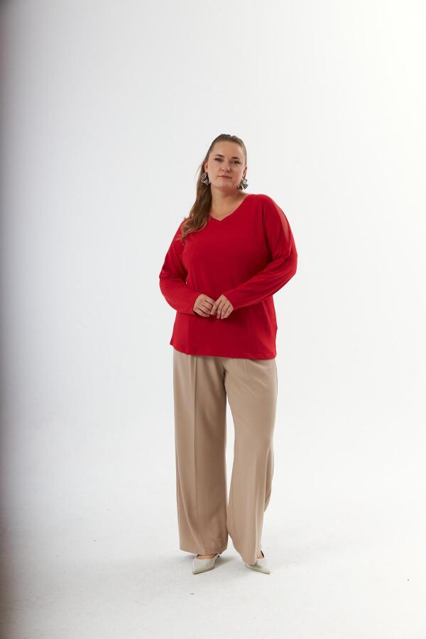 Büyük beden Omuz ve Sırt Taş Detay Örme Bluz Kırmızı - 6