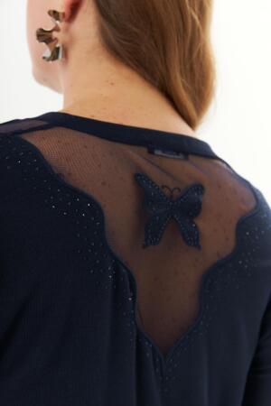 Büyük beden Omuz ve Sırt Taş Detay Örme Bluz Lacivert - 3