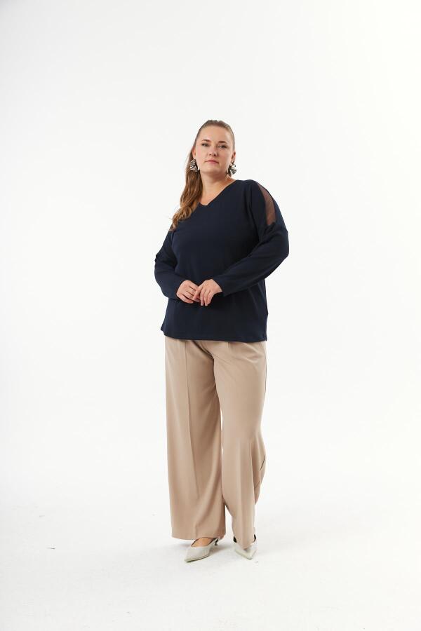 Büyük beden Omuz ve Sırt Taş Detay Örme Bluz Lacivert - 5