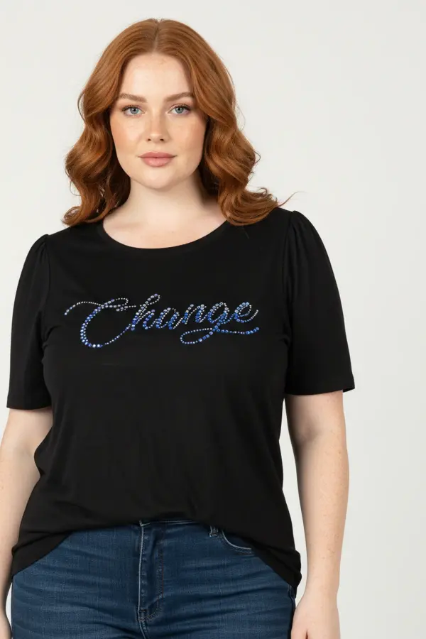 Büyük Beden Omuzları Büzgülü Taş Desenli T-shirt - 1