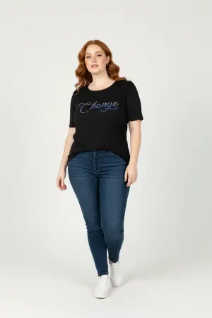 Büyük Beden Omuzları Büzgülü Taş Desenli T-shirt - Shape of You (1)