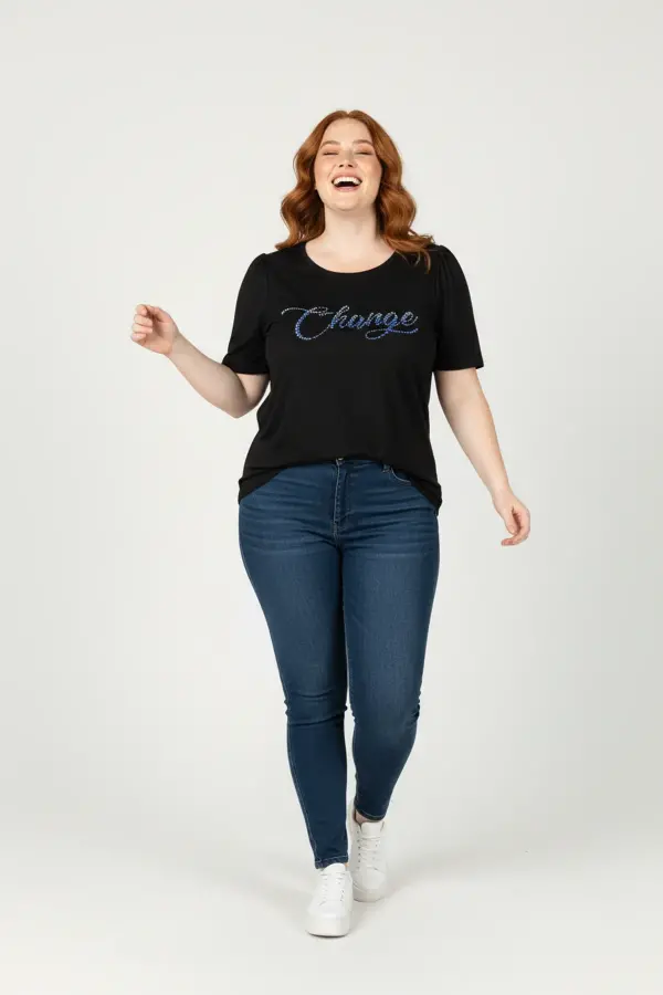 Büyük Beden Omuzları Büzgülü Taş Desenli T-shirt - 3