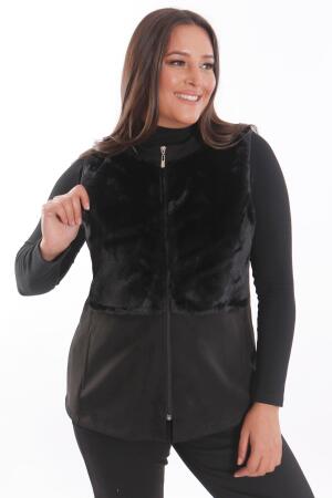 Büyük Beden Ön Kürk Detaylı Fermuarlı Siyah Yelek - Angelino Moda