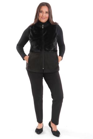 Büyük Beden Ön Kürk Detaylı Fermuarlı Siyah Yelek - Angelino Moda (1)