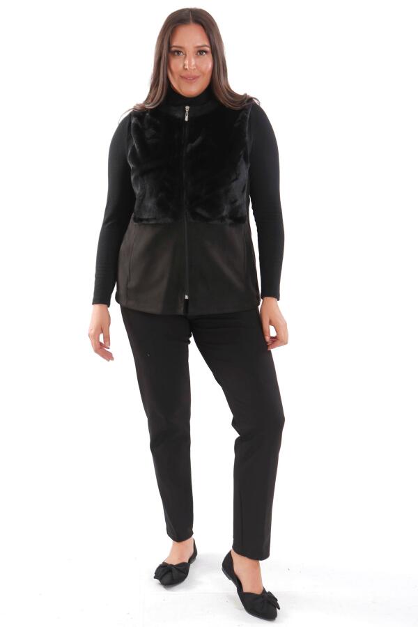 Büyük Beden Ön Kürk Detaylı Fermuarlı Siyah Yelek - 4