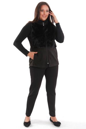 Büyük Beden Ön Kürk Detaylı Fermuarlı Siyah Yelek - 6