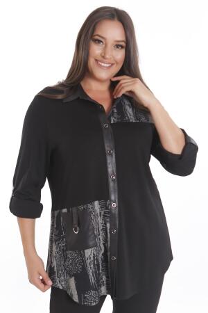 Büyük Beden Ön Parça ve Deri Cep Detaylı Örme Bej Gömlek - Angelino Moda