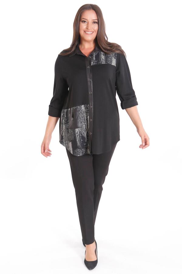 Büyük Beden Ön Parça ve Deri Cep Detaylı Örme Bej Gömlek - 2