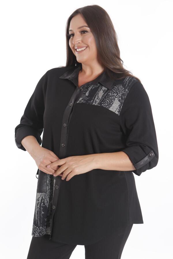 Büyük Beden Ön Parça ve Deri Cep Detaylı Örme Bej Gömlek - 4