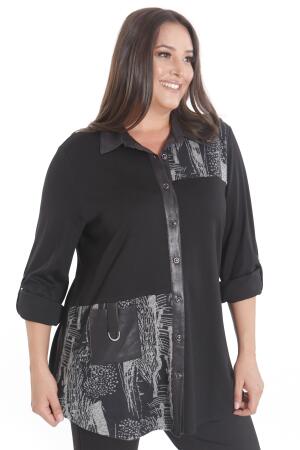 Büyük Beden Ön Parça ve Deri Cep Detaylı Örme Bej Gömlek - 5