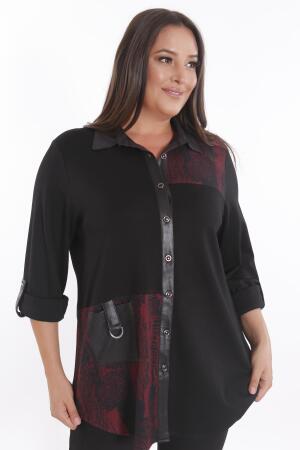 Büyük Beden Ön Parça ve Deri Cep Detaylı Örme Bordo Gömlek - Angelino Moda