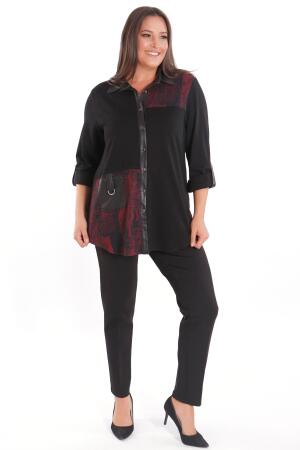 Büyük Beden Ön Parça ve Deri Cep Detaylı Örme Bordo Gömlek - Angelino Moda (1)
