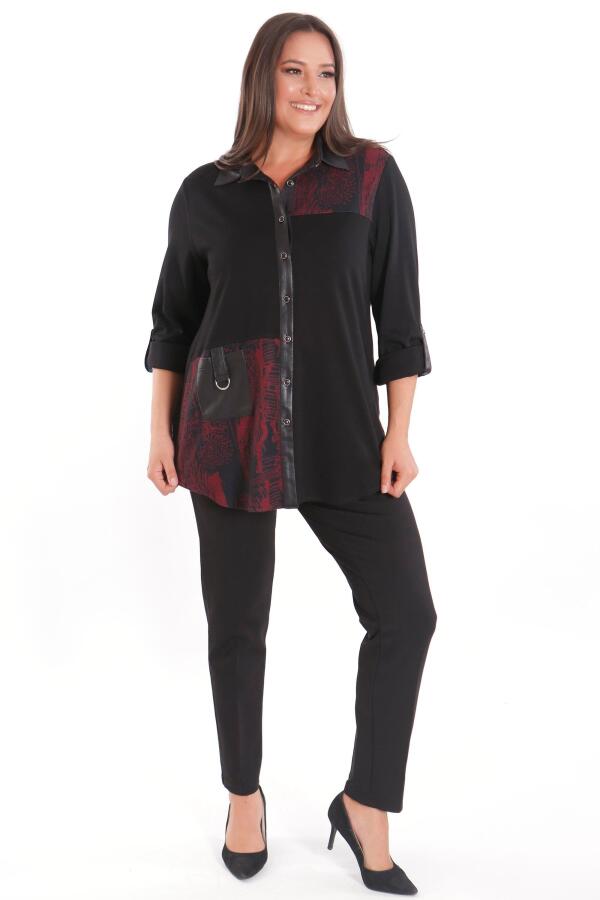 Büyük Beden Ön Parça ve Deri Cep Detaylı Örme Bordo Gömlek - 2