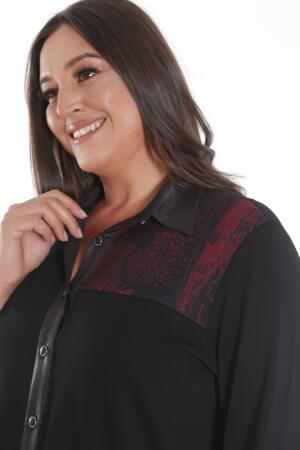 Büyük Beden Ön Parça ve Deri Cep Detaylı Örme Bordo Gömlek - 3