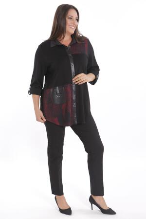 Büyük Beden Ön Parça ve Deri Cep Detaylı Örme Bordo Gömlek - 4