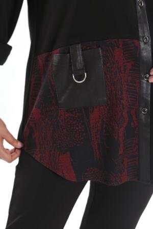 Büyük Beden Ön Parça ve Deri Cep Detaylı Örme Bordo Gömlek - 5