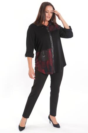 Büyük Beden Ön Parça ve Deri Cep Detaylı Örme Bordo Gömlek - 6