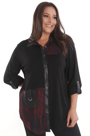 Büyük Beden Ön Parça ve Deri Cep Detaylı Örme Bordo Gömlek - 7