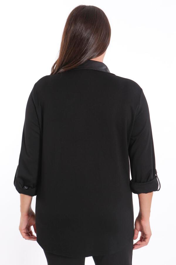 Büyük Beden Ön Parça ve Deri Cep Detaylı Örme Bordo Gömlek - 9