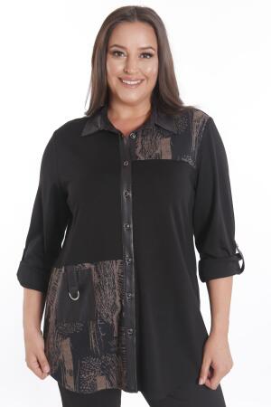 Büyük Beden Ön Parça ve Deri Cep Detaylı Örme Kahverengi Gömlek - Angelino Moda