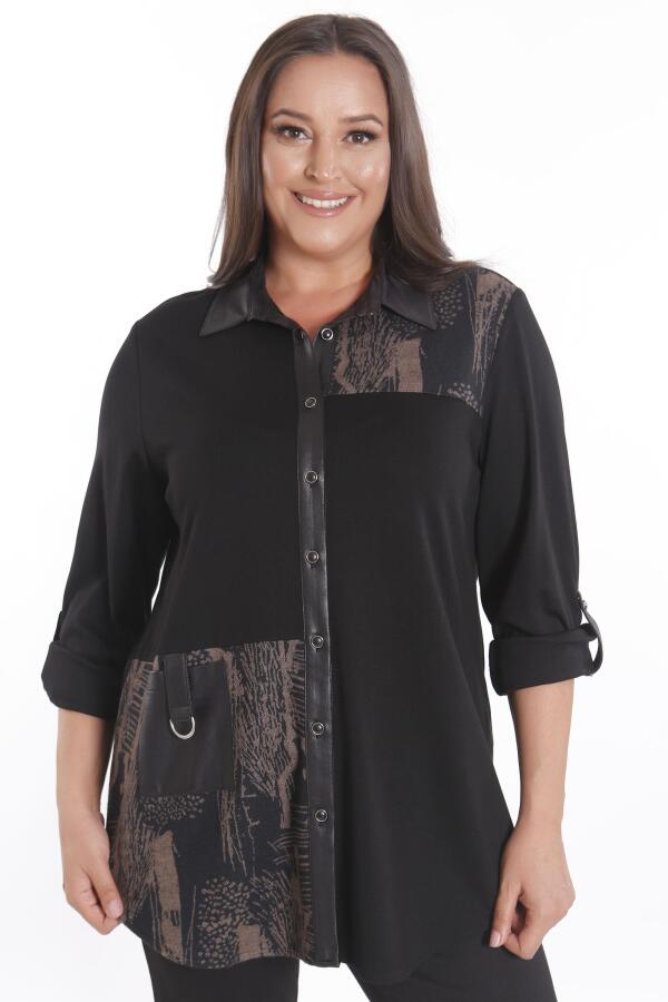 Büyük Beden Ön Parça ve Deri Cep Detaylı Örme Kahverengi Gömlek - 1