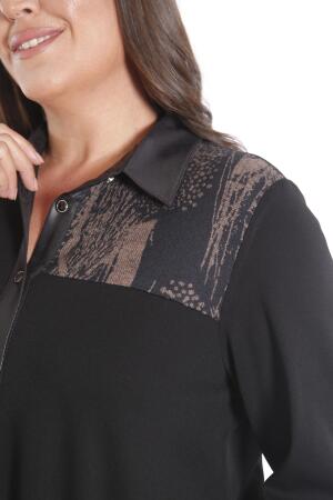 Büyük Beden Ön Parça ve Deri Cep Detaylı Örme Kahverengi Gömlek - 3