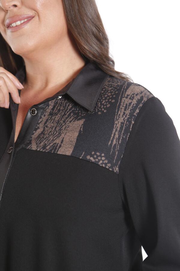 Büyük Beden Ön Parça ve Deri Cep Detaylı Örme Kahverengi Gömlek - 3