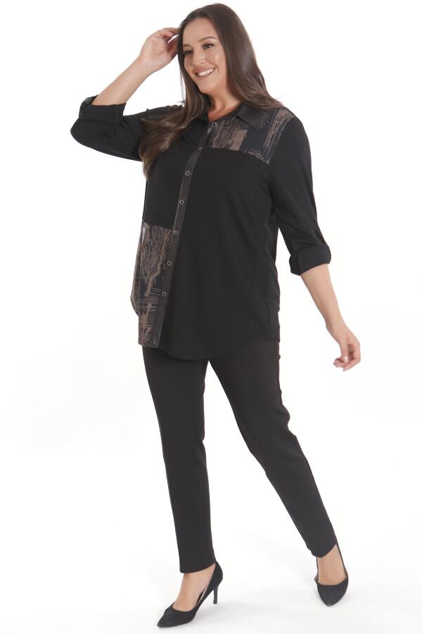 Büyük Beden Ön Parça ve Deri Cep Detaylı Örme Kahverengi Gömlek - 4