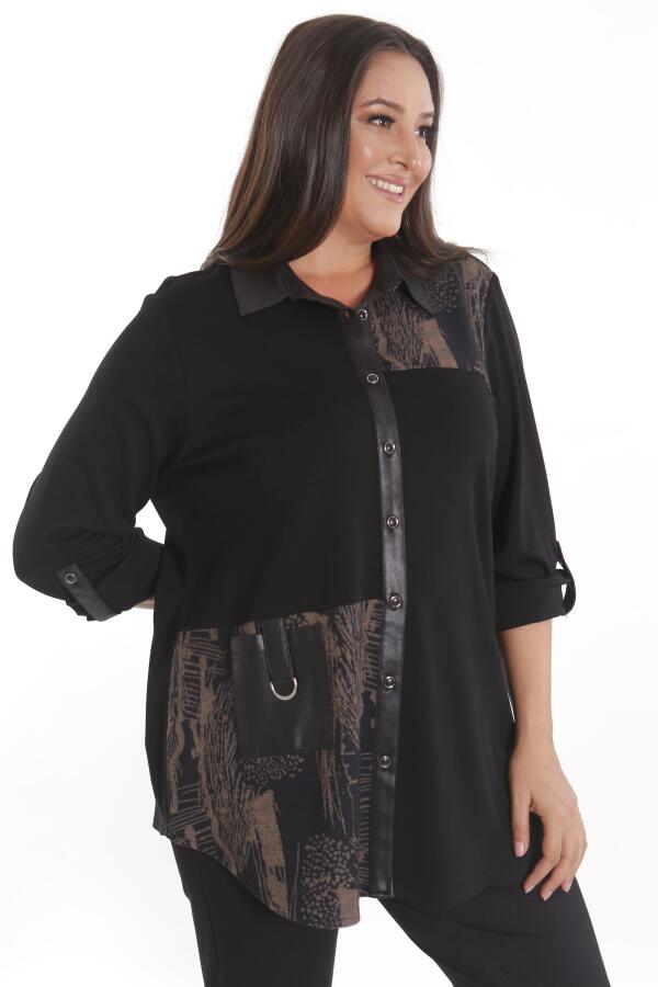 Büyük Beden Ön Parça ve Deri Cep Detaylı Örme Kahverengi Gömlek - 5