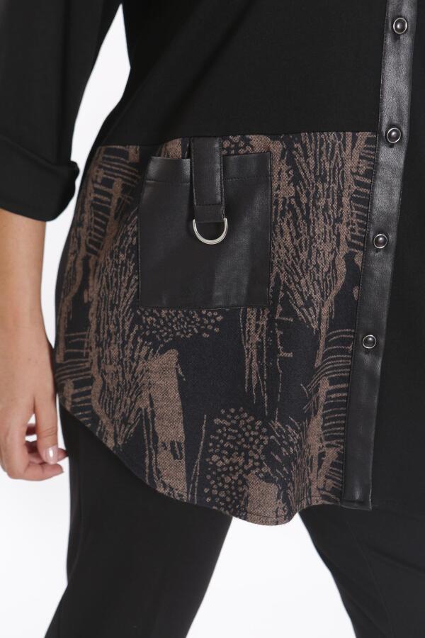 Büyük Beden Ön Parça ve Deri Cep Detaylı Örme Kahverengi Gömlek - 6