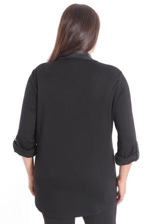 Büyük Beden Ön Parça ve Deri Cep Detaylı Örme Kahverengi Gömlek - 7