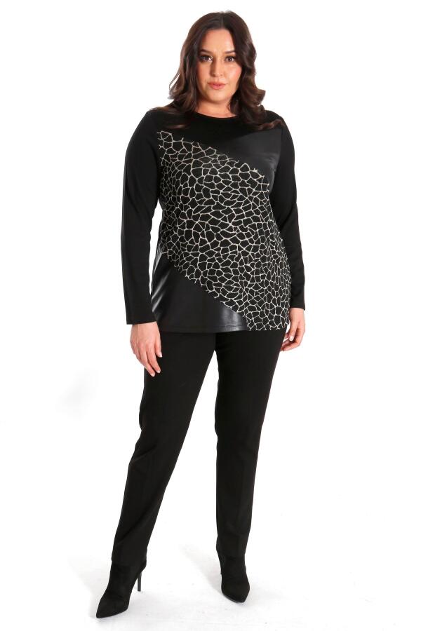 Büyük Beden Ön Parçalı Deri Garnili Siyah Bluz - 2