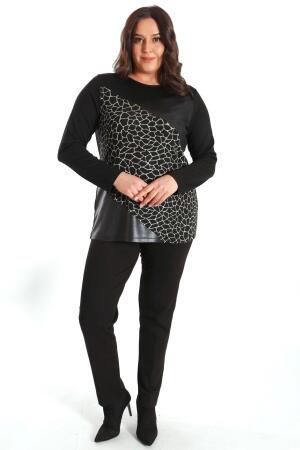 Büyük Beden Ön Parçalı Deri Garnili Siyah Bluz - 3