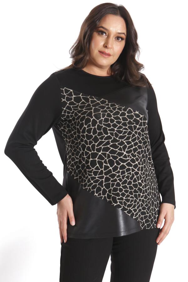 Büyük Beden Ön Parçalı Deri Garnili Siyah Bluz - 4