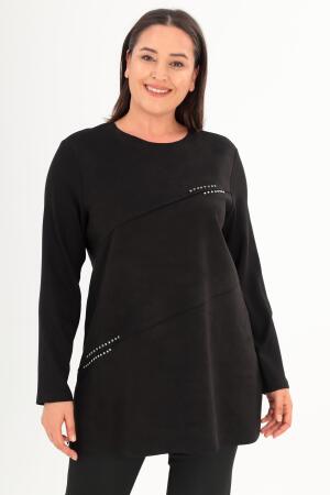 Büyük Beden Ön Süet Trok Baskılı Siyah Tunik - Angelino Moda