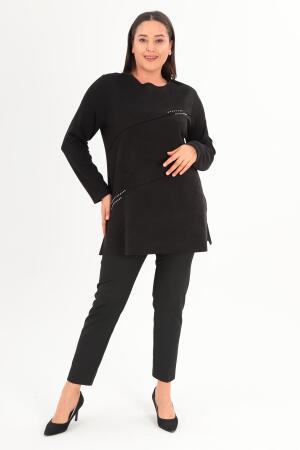 Büyük Beden Ön Süet Trok Baskılı Siyah Tunik - Angelino Moda (1)