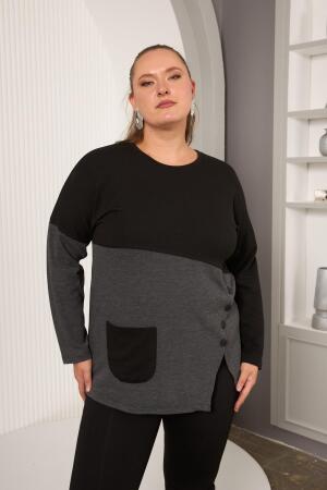 Büyük Beden Önü Düğme ve Cep Detay Bluz Siyah - RMG