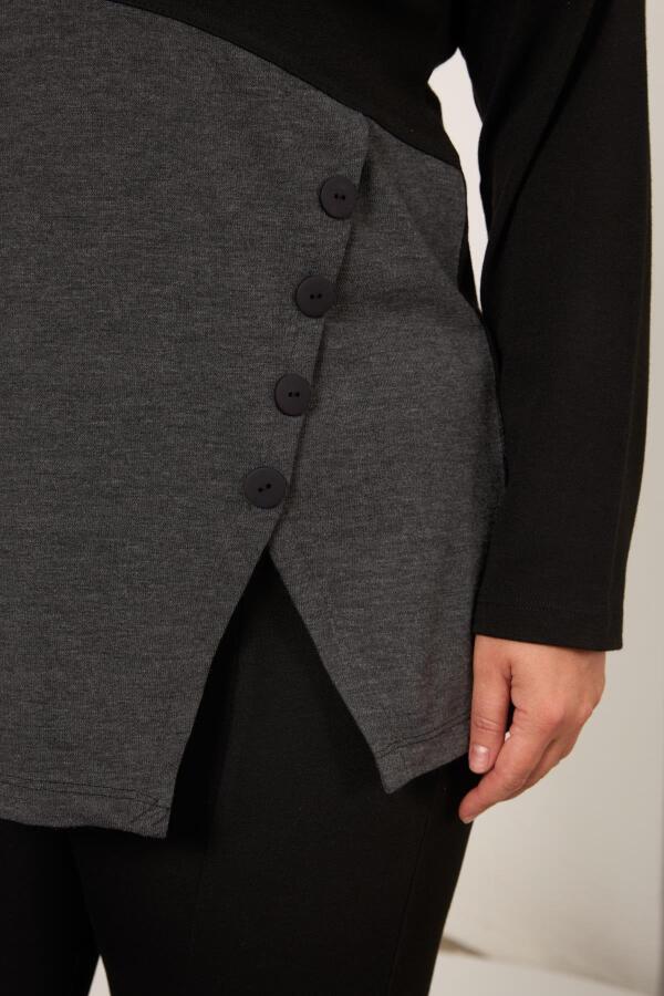 Büyük Beden Önü Düğme ve Cep Detay Bluz Siyah - 2