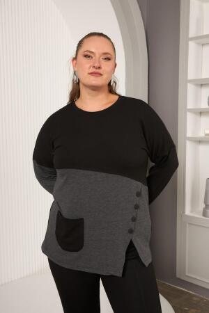 Büyük Beden Önü Düğme ve Cep Detay Bluz Siyah - 3