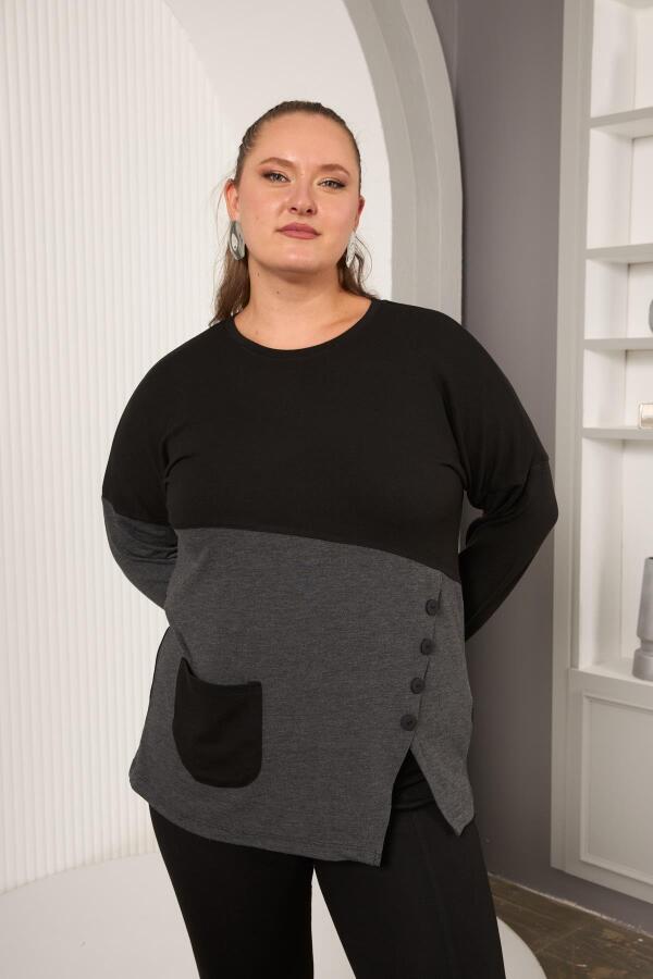 Büyük Beden Önü Düğme ve Cep Detay Bluz Siyah - 3