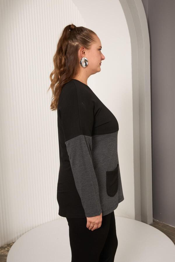 Büyük Beden Önü Düğme ve Cep Detay Bluz Siyah - 4