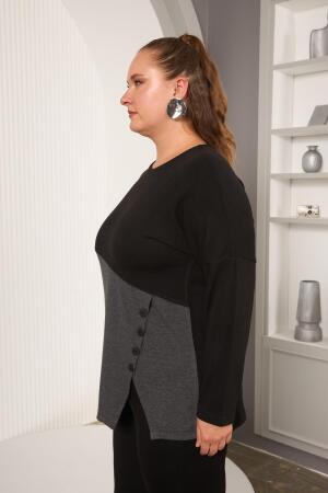 Büyük Beden Önü Düğme ve Cep Detay Bluz Siyah - 5