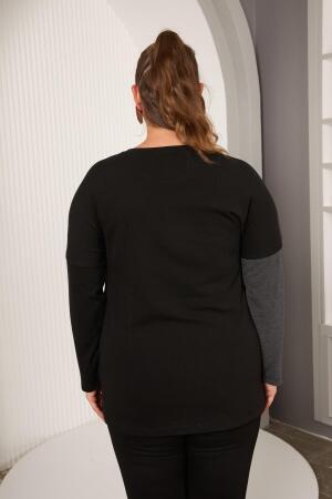 Büyük Beden Önü Düğme ve Cep Detay Bluz Siyah - 6