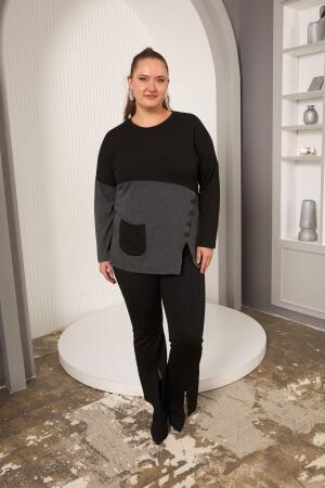 Büyük Beden Önü Düğme ve Cep Detay Bluz Siyah - 7