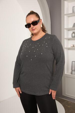 Büyük Beden Önü Taş Detay Bluz Antrasit - RMG