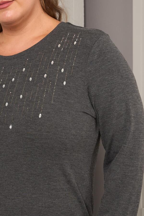 Büyük Beden Önü Taş Detay Bluz Antrasit - 2