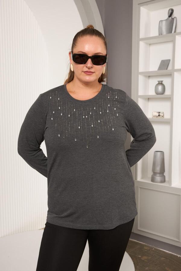 Büyük Beden Önü Taş Detay Bluz Antrasit - 3